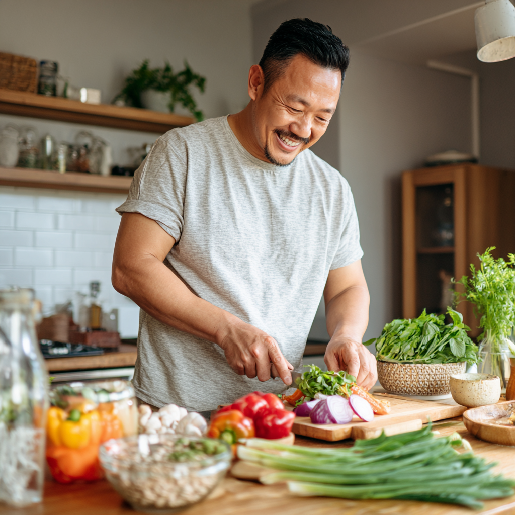 Smiling middle-aged Kazakh woman holding a colorful bowl of fresh vegetables and fruits, sitting at a modern kitchen table