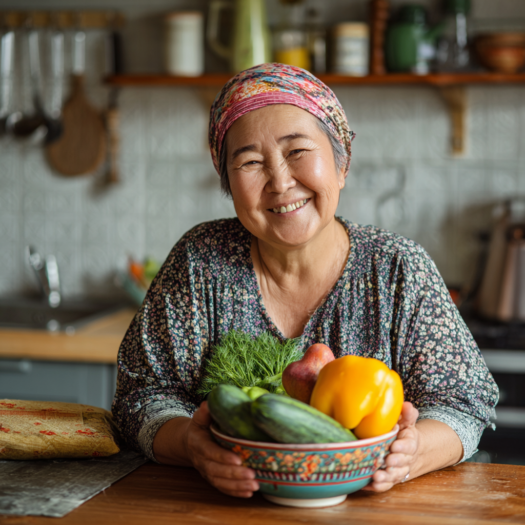 Cheerful Kazakh man in his thirties preparing a nutritious meal with fresh vegetables, lean protein and whole grains in a bright kitchen